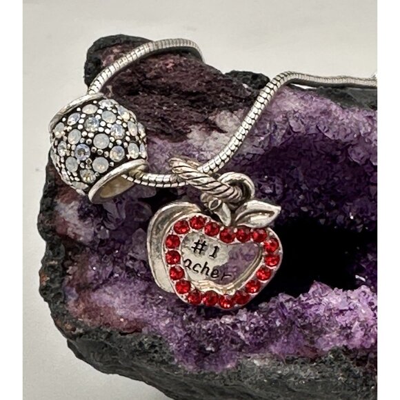Brighton Teacher Charm Bracelet #1 Apple Red Crystal + Pave Heart Closure - Picture 1 of 12